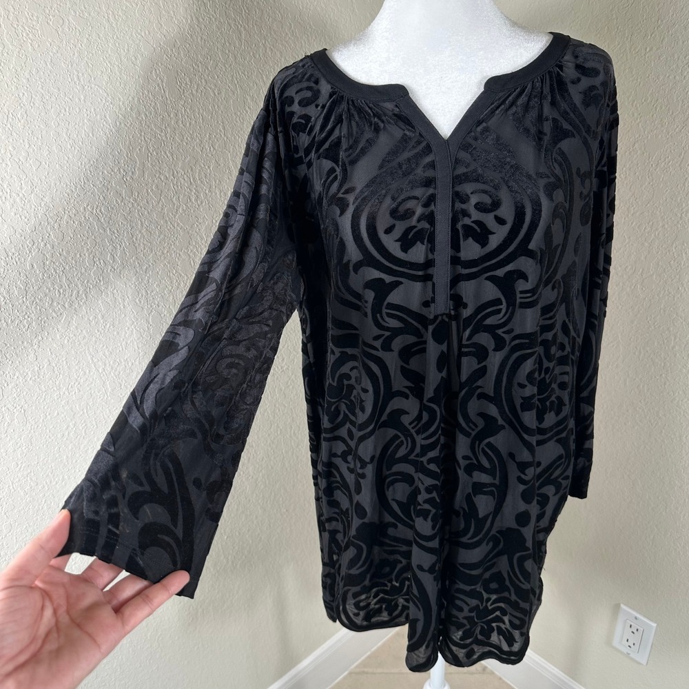 Alfani Tunic Blouse Women L Black Burnout Velvet Damask Sheer Gothic Whimsigoth